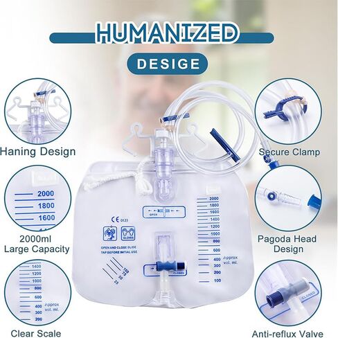2 Pack 2000ml Leak Proof Urinary Drainage Bags Overnight Anti Reflux Catheter Bags with 48" Drainage Tube and Cross-Shaped Drainage Valve in Saudi Arabia