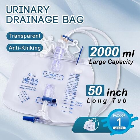 2 Pack 2000ml Leak Proof Urinary Drainage Bags Overnight Anti Reflux Catheter Bags with 48" Drainage Tube and Cross-Shaped Drainage Valve in Saudi Arabia