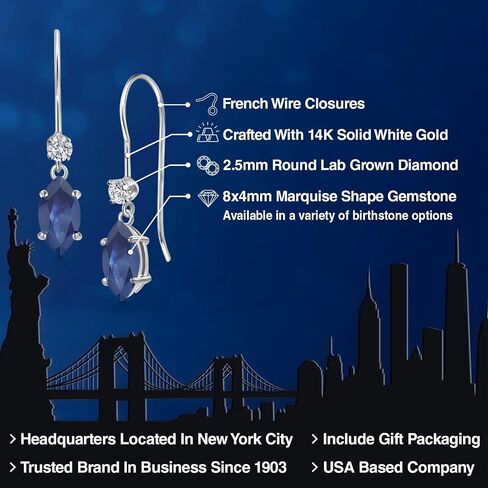 Gem Stone King 14K White Gold Blue Sapphire and Lab Grown Diamond Earrings for Women | 1.39 Cttw | Gemstone September Birthstone | Marquise 8X4MM in Kuwait