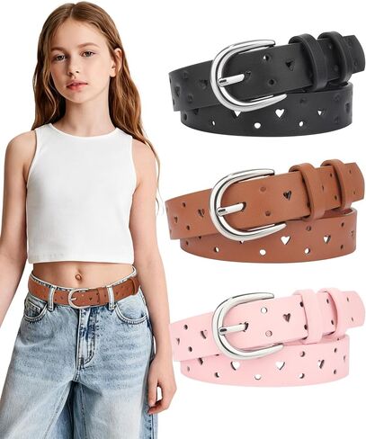 Kajeer Girls Belt for Kids, 3 Pcs Durable PU Leather Belt Metal Buckle Full Heart Hole Youth Toddler Belt for Uniform Casual in Kuwait