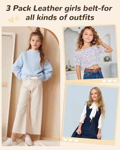 Kajeer Girls Belt for Kids, 3 Pcs Durable PU Leather Belt Metal Buckle Full Heart Hole Youth Toddler Belt for Uniform Casual in Kuwait