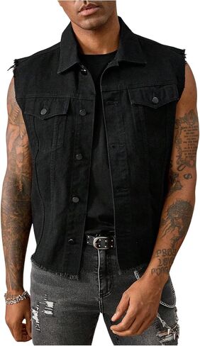 GORGLITTER Men's Denim Vest Button Down Grunge Goth Frayed Sleeveless Vintage Ripped Jean Jackets Streetwear Outerwear in Kuwait