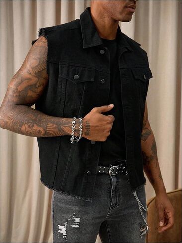 GORGLITTER Men's Denim Vest Button Down Grunge Goth Frayed Sleeveless Vintage Ripped Jean Jackets Streetwear Outerwear in Kuwait