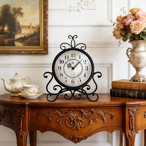 Vintage Table Clock on Stand - Desk Mantel Clock for Living Room Bedroom Decor, Silent Rustic Shelf Clock with Metal Frame Fireplace Clock Battery Operated for Office Desktop Home Decor in Saudi Arabia