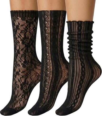 6 Pairs Sheer Black Socks for Women, Lace Ruffle Thin Crew Socks, Cute Dress Socks Lightweight & Breathable for Everyday Wear, Dark Aesthetic Socks by Daisy&Dino in Saudi Arabia