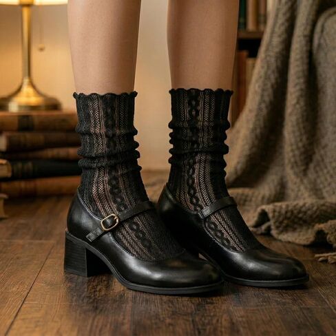 6 Pairs Sheer Black Socks for Women, Lace Ruffle Thin Crew Socks, Cute Dress Socks Lightweight & Breathable for Everyday Wear, Dark Aesthetic Socks by Daisy&Dino in Saudi Arabia