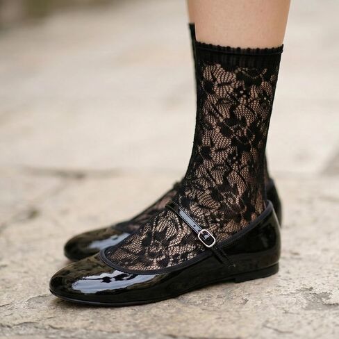 6 Pairs Sheer Black Socks for Women, Lace Ruffle Thin Crew Socks, Cute Dress Socks Lightweight & Breathable for Everyday Wear, Dark Aesthetic Socks by Daisy&Dino in Saudi Arabia