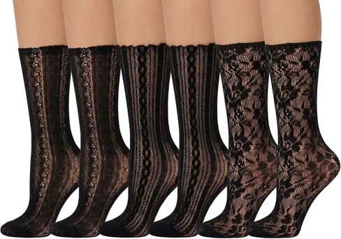 6 Pairs Sheer Black Socks for Women, Lace Ruffle Thin Crew Socks, Cute Dress Socks Lightweight & Breathable for Everyday Wear, Dark Aesthetic Socks by Daisy&Dino in Saudi Arabia