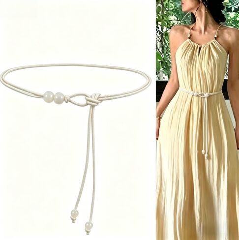 Women's Fine Bead Belt, Adjustable Tie Belt Vintage Woven Beaded for Dresses Shirts Casual Wear,One Size Fits Most in Kuwait