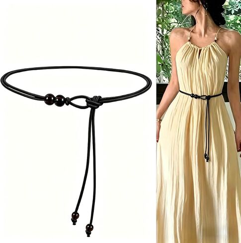 Women's Fine Bead Belt, Adjustable Tie Belt Vintage Woven Beaded for Dresses Shirts Casual Wear,One Size Fits Most in Kuwait