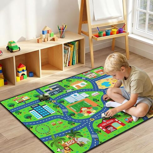 Road Rug for Kids 2×3 Ft - Interactive City Car Track Play Mat, Smooth Low-Pile Carpet with TPR Non-Slip Backing, Educational Traffic Play Rug for Playroom Classroom Nursery in Saudi Arabia