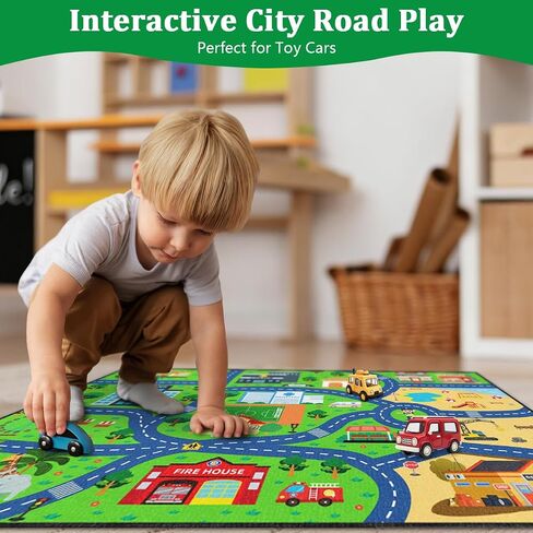 Road Rug for Kids 2×3 Ft - Interactive City Car Track Play Mat, Smooth Low-Pile Carpet with TPR Non-Slip Backing, Educational Traffic Play Rug for Playroom Classroom Nursery in Saudi Arabia