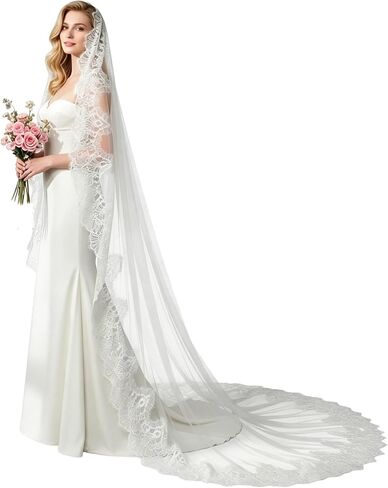 Cathedral Wedding Veil 118" Long Lace Edge Veil for Women and Bride in Saudi Arabia
