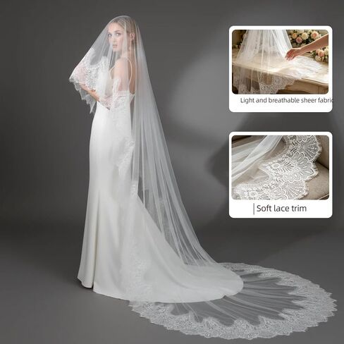 Cathedral Wedding Veil 118" Long Lace Edge Veil for Women and Bride in Saudi Arabia