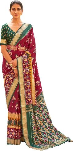 Maroon Pv Silk Saree Patola With Unstitched Blouse Ruby Red in Saudi Arabia