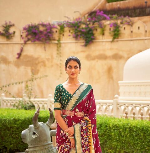 Maroon Pv Silk Saree Patola With Unstitched Blouse Ruby Red in Saudi Arabia