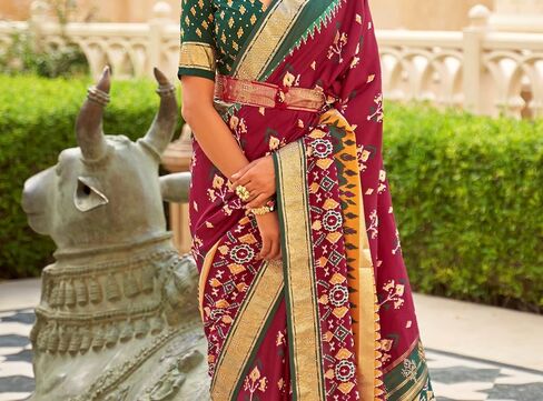 Maroon Pv Silk Saree Patola With Unstitched Blouse Ruby Red in Saudi Arabia