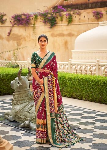 Maroon Pv Silk Saree Patola With Unstitched Blouse Ruby Red in Saudi Arabia