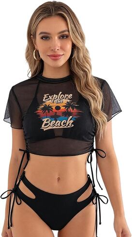 3-Piece Women's Black Sheer Mesh Halter Tie Crop Top With Explore The Beach Graphic Print And High Cut Side Tie Cutout Bikini Bottom Summer Swimwear Set Size M in Kuwait