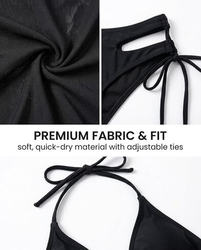 3-Piece Women's Black Sheer Mesh Halter Tie Crop Top With Explore The Beach Graphic Print And High Cut Side Tie Cutout Bikini Bottom Summer Swimwear Set Size M in Kuwait
