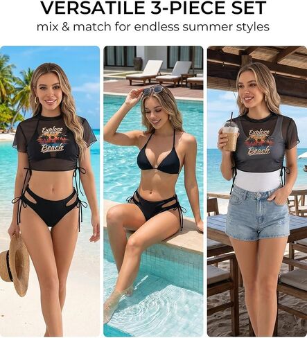 3-Piece Women's Black Sheer Mesh Halter Tie Crop Top With Explore The Beach Graphic Print And High Cut Side Tie Cutout Bikini Bottom Summer Swimwear Set Size M in Kuwait