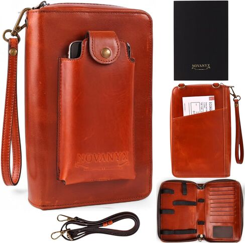 NOVANYX Passport Holder for Travel & Tech Bag Combo - First Ever Genuine Leather Passport Holder with AirTag Hidden, Rfid Passport Cover Travel Wallet for Airport Essentials, Travel Must Haves Gifts in Saudi Arabia