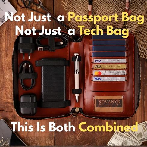 NOVANYX Passport Holder for Travel & Tech Bag Combo - First Ever Genuine Leather Passport Holder with AirTag Hidden, Rfid Passport Cover Travel Wallet for Airport Essentials, Travel Must Haves Gifts in Saudi Arabia