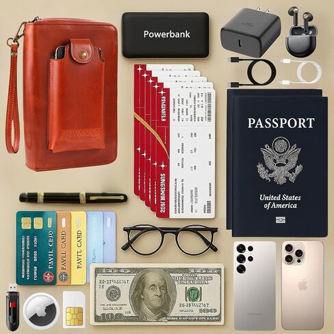 NOVANYX Passport Holder for Travel & Tech Bag Combo - First Ever Genuine Leather Passport Holder with AirTag Hidden, Rfid Passport Cover Travel Wallet for Airport Essentials, Travel Must Haves Gifts in Saudi Arabia