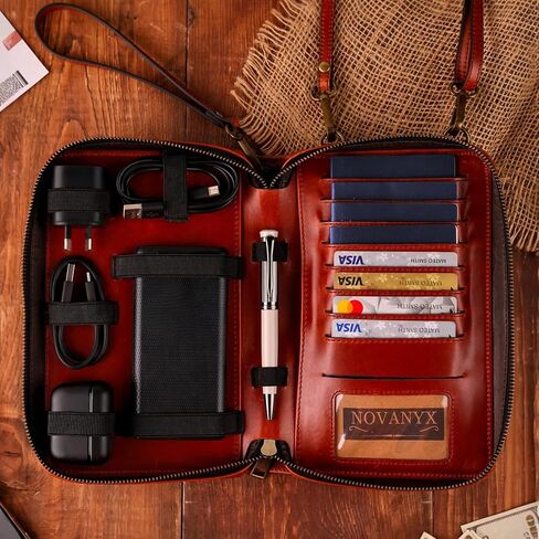 NOVANYX Passport Holder for Travel & Tech Bag Combo - First Ever Genuine Leather Passport Holder with AirTag Hidden, Rfid Passport Cover Travel Wallet for Airport Essentials, Travel Must Haves Gifts in Saudi Arabia