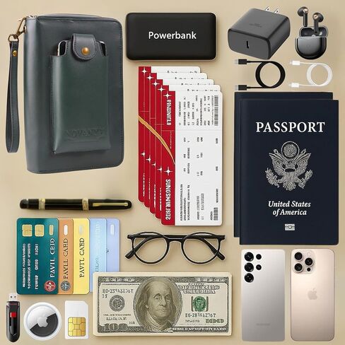 NOVANYX Passport Holder for Travel & Tech Bag Combo - First Ever Genuine Leather Passport Holder with AirTag Hidden, Rfid Passport Cover Travel Wallet for Airport Essentials, Travel Must Haves Gifts in Saudi Arabia