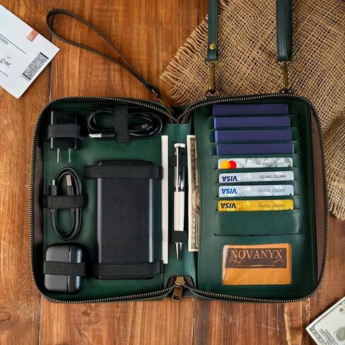 NOVANYX Passport Holder for Travel & Tech Bag Combo - First Ever Genuine Leather Passport Holder with AirTag Hidden, Rfid Passport Cover Travel Wallet for Airport Essentials, Travel Must Haves Gifts in Saudi Arabia