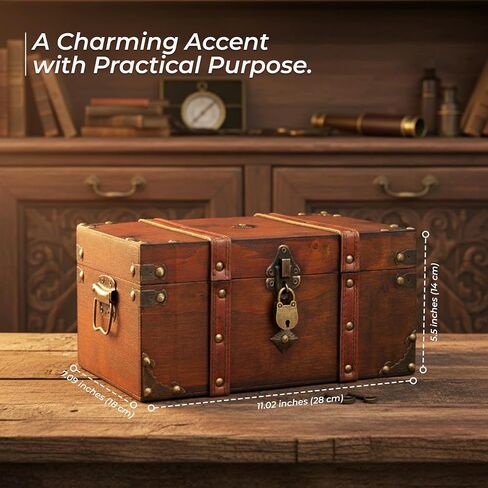 Happenings Antique Treasure Chest Box with Tray – Lockable Vintage Decorative Chest for Storage, Keepsakes, Jewelry – Pirates Wooden Chest Decor (11x7.1x5.5) in Saudi Arabia