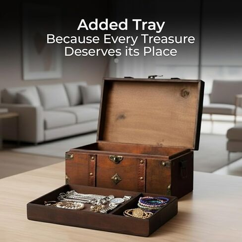 Happenings Antique Treasure Chest Box with Tray – Lockable Vintage Decorative Chest for Storage, Keepsakes, Jewelry – Pirates Wooden Chest Decor (11x7.1x5.5) in Saudi Arabia