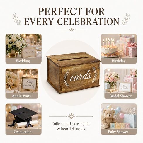 Wooden Wedding Card Box with Slot Rustic Gift Card Box for Wedding Decorations for Reception Money Gift Boxes for Party Anniversary Baby & Bridal Shower in Saudi Arabia