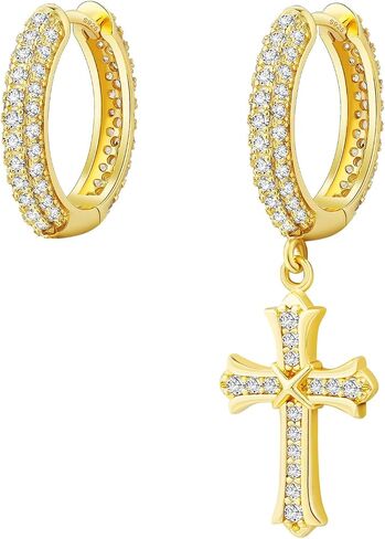 KRKC Cross Earrings for Men, Sterling Silver Hoop Dangle Earrings, Hypoallergenic 14K Gold Plating Cross Dangle Drop Earrings For Men Women in Kuwait