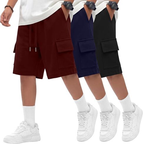 Oakgarden 3 Pack Boys Cargo Shorts Kids Athletic Drawstring Shorts with Pockets Teen Summer School Sweat Shorts 5-14 Years in Kuwait