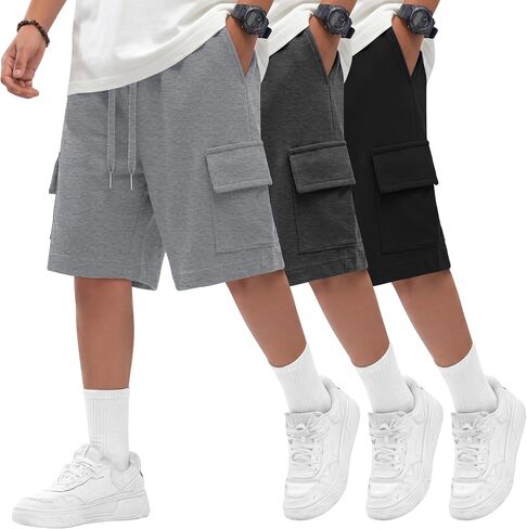 Oakgarden 3 Pack Boys Cargo Shorts Kids Athletic Drawstring Shorts with Pockets Teen Summer School Sweat Shorts 5-14 Years in Saudi Arabia