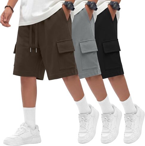 Oakgarden 3 Pack Boys Cargo Shorts Kids Athletic Drawstring Shorts with Pockets Teen Summer School Sweat Shorts 5-14 Years in Saudi Arabia