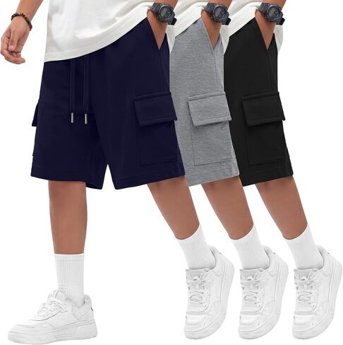 Oakgarden 3 Pack Boys Cargo Shorts Kids Athletic Drawstring Shorts with Pockets Teen Summer School Sweat Shorts 5-14 Years in Saudi Arabia