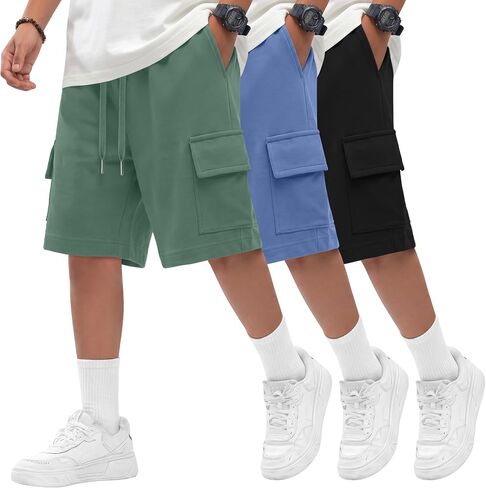 Oakgarden 3 Pack Boys Cargo Shorts Kids Athletic Drawstring Shorts with Pockets Teen Summer School Sweat Shorts 5-14 Years in Saudi Arabia