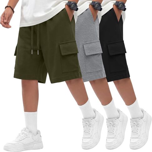 Oakgarden 3 Pack Boys Cargo Shorts Kids Athletic Drawstring Shorts with Pockets Teen Summer School Sweat Shorts 5-14 Years in Saudi Arabia