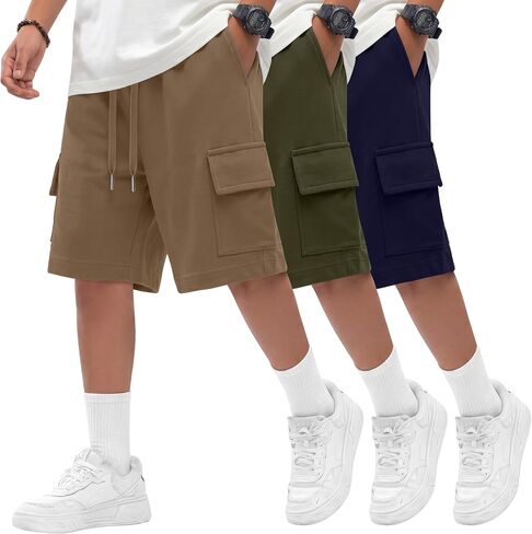 Oakgarden 3 Pack Boys Cargo Shorts Kids Athletic Drawstring Shorts with Pockets Teen Summer School Sweat Shorts 5-14 Years in Saudi Arabia