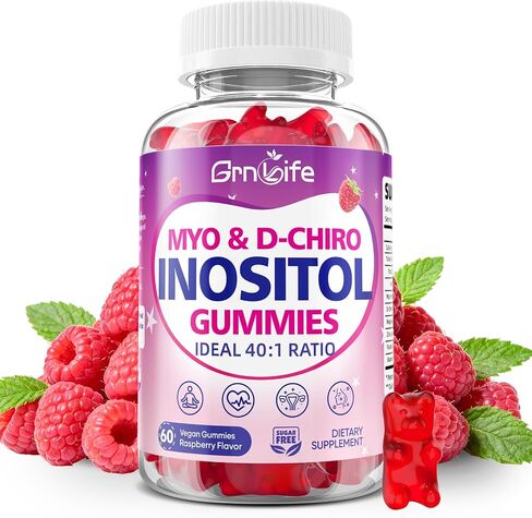 Myo-Inositol & D-Chiro Inositol Gummies for Women, 40:1 Ratio Inositol with Vitamin D3, Magnesium Glycinate, Methyl Folate for Female Health & Wellness, Sugar Free, Raspberry Flavor, 60 Count in Kuwait
