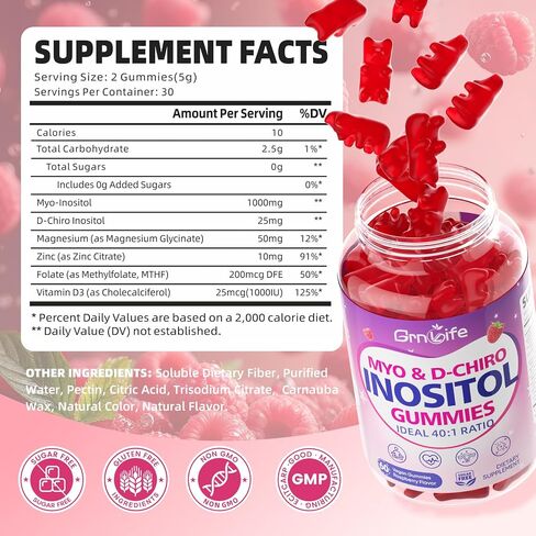 Myo-Inositol & D-Chiro Inositol Gummies for Women, 40:1 Ratio Inositol with Vitamin D3, Magnesium Glycinate, Methyl Folate for Female Health & Wellness, Sugar Free, Raspberry Flavor, 60 Count in Kuwait