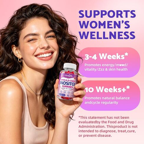Myo-Inositol & D-Chiro Inositol Gummies for Women, 40:1 Ratio Inositol with Vitamin D3, Magnesium Glycinate, Methyl Folate for Female Health & Wellness, Sugar Free, Raspberry Flavor, 60 Count in Kuwait