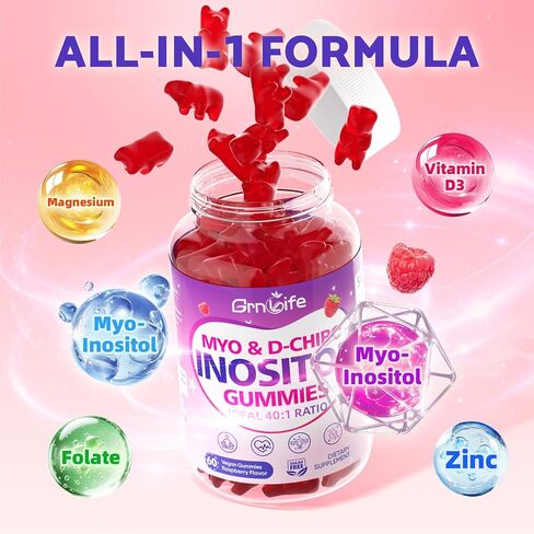 Myo-Inositol & D-Chiro Inositol Gummies for Women, 40:1 Ratio Inositol with Vitamin D3, Magnesium Glycinate, Methyl Folate for Female Health & Wellness, Sugar Free, Raspberry Flavor, 60 Count in Kuwait