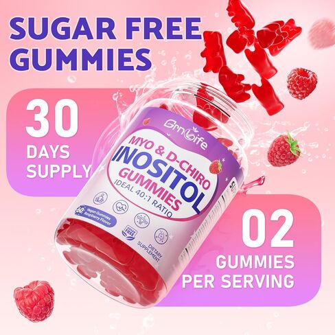 Myo-Inositol & D-Chiro Inositol Gummies for Women, 40:1 Ratio Inositol with Vitamin D3, Magnesium Glycinate, Methyl Folate for Female Health & Wellness, Sugar Free, Raspberry Flavor, 60 Count in Kuwait