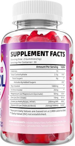 Myo-Inositol & D-Chiro Inositol Gummies for Women, 40:1 Ratio Inositol with Vitamin D3, Magnesium Glycinate, Methyl Folate for Female Health & Wellness, Sugar Free, Raspberry Flavor, 60 Count in Kuwait
