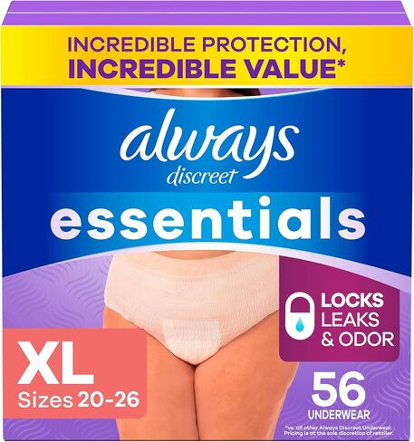 Always Discreet Essentials Adult Diapers for Women, Postpartum Essentials, Disposable Briefs, Unscented Incontinence Underwear Bladder Leak Protection, Size XL, 56 Count in Kuwait