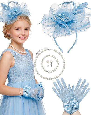 Girls Tea Party Fascinators Hats for Kids Fascinator Tea Party Hat Headband with Gloves Accessories for Girls in Saudi Arabia